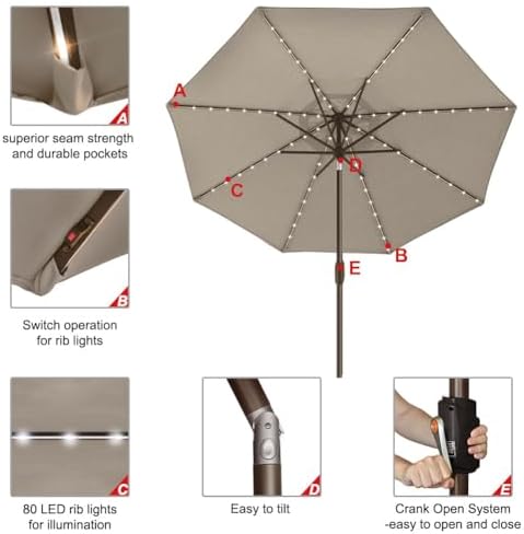 EliteShade USA 10-Year-Non-Fading 9ft Market Patio Umbrella, Commercial Grade Table Sun Umbrella with 80 Solar LED Lights, Crank Open, Windproof & UPF 50+ UV Protection for Garden, Deck, Pool, Backyard, Mushroom - Image 5