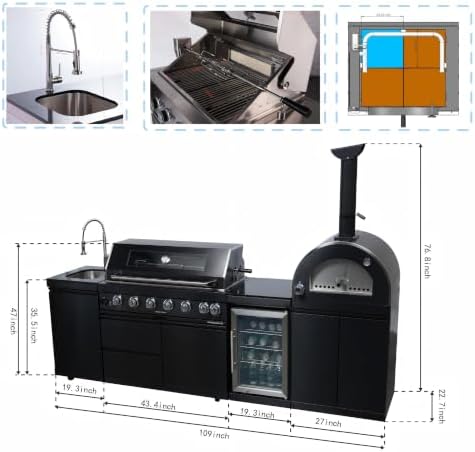 109'' LPG Outdoor Kitchen Island with Grill, Pizza Oven, 6 Burners, Black - Image 2