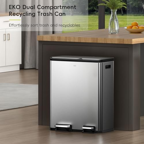 EKO EcoCasa Stainless Steel Dual Step Trash Can for Recycling, 30L+20L Rectangular Kitchen Trash Can, Independent Pedals and Lids, Soft Close and Fingerprint Resistant - Image 3