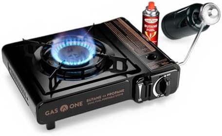 GasOne 10,000 BTU Dual Fuel Camp Stove – Butane and Propane Burner Portable Stove Camping Grill with Adjustable Heat Dial, Carry Case, Automatic Electric Ignition – Safe and Durable Construction by GasOne