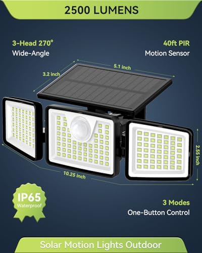 daphino 2500LM Solar Lights, Motion Sensor Outdoor Lights, 3-Head, 1 Pack - Image 2