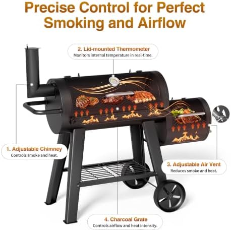 KingChii 729 SQ.IN. Charcoal Grills with Charcoal Wood Offset Smokers for Outdoor Patio BBQ Grilling, Black - Image 4