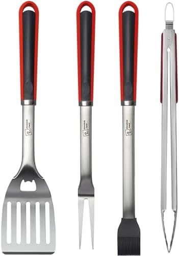 Double Two 4-Piece Stainless Steel BBQ Tool Set - Tong, Fork, Spatula, Brush - Utensils for Grill - Tools for Outdoor Grilling- BBQ Kits by 2DOUBLETWO