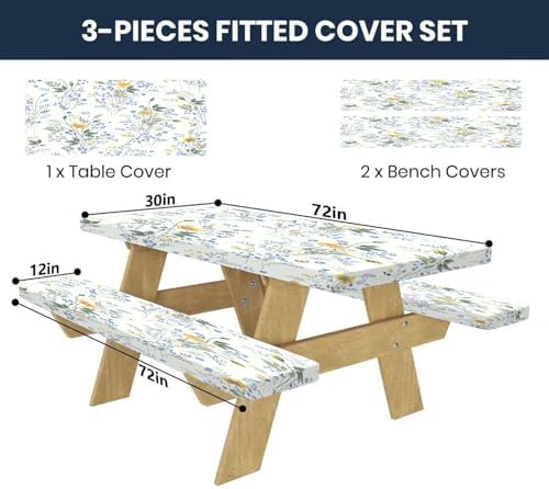 CAPSCEOLL Picnic Table Cover with Bench Covers 6ft - Blue Yellow Flowers - Image 2