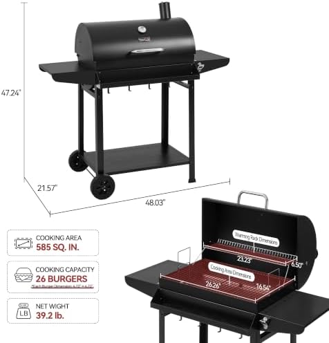 Royal Gourmet CC1830T Barrel Charcoal Grill, Front Storage Basket, Hooks - Image 3
