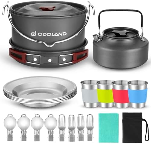 Odoland 22pcs Camping Cookware Mess Kit, Large Size Hanging Pot Pan Kettle with Base Cook Set for 4, Cups Dishes Forks Spoons Kit for Outdoor Camping Hiking Picnic by Odoland