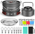 Odoland 22pcs Camping Cookware Mess Kit, Large Size Hanging Pot Pan Kettle with Base Cook Set for 4, Cups Dishes Forks Spoons Kit for Outdoor Camping Hiking Picnic by Odoland