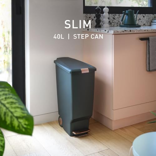 simplehuman Slim Step Can, 40L / 10.6 Gallon Space-Efficient Kitchen Trash Can, Studio Edition, Pet-Proof Slide Lock, 150,000-Step Pedal, Wheels, Hunter Green Plastic - Image 2