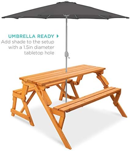 Best Choice Products 2-in-1 Transforming Interchangeable Outdoor Wooden Picnic Table Garden Bench for Backyard, Porch, Patio, Deck w/Umbrella Hole - Natural - Image 5