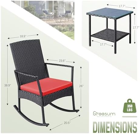 Greesum 3 Pieces Patio Furniture Set Outdoor Wicker Rocking Chairs,Red - Image 6