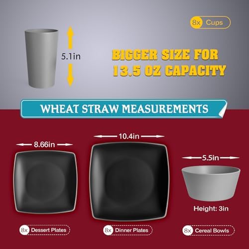 Teivio 32-Piece Kitchen Plastic Wheat Straw Squircle Dinnerware Set for 8, Unbreakable Dinner Plates, Salad Plates, Square Cereal Bowls, Cup 13.5oz, Dishwasher Safe,Gray Ombre - Image 2