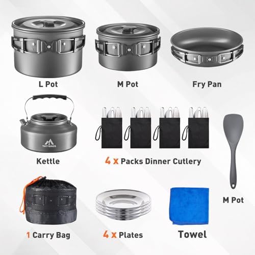 THTYBROS 27pcs Camping Cooking Set for 2-4 People, Portable Cookware Set with Kettle, Pots & Pans, Stainless Steel Utensils, Plates, Dishware for Backpacking, Picnic, Outdoor Adventures - Image 2