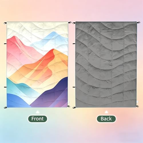 Outdoor Puffy Camping Blanket, Lightweight Down Alternative Printed Large Ultra Warm Quilt Waterproof for Traveling Picnic Beach Party Cold Weather (Multicolored Mountain) - Image 4