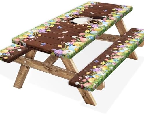 Easter Picnic Table Cover with Bench Covers Elastic Edges, Cute Bunny Flower Brown Wood Fitted Table Cover, Outdoor Patio Camping Essentials, Waterproof Camping Fitted Tablecloth, 3PCS, 30x72 Inch by Xguatan