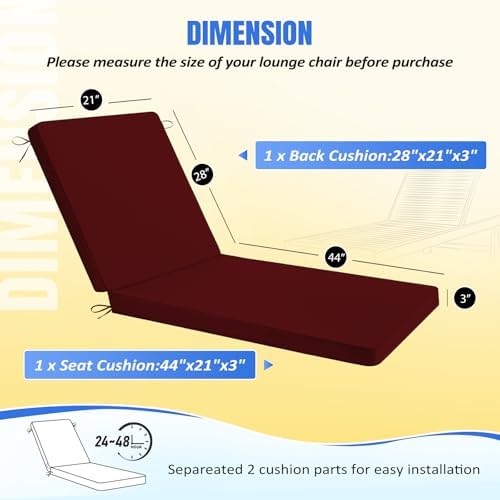 Basic Beyond Chaise Lounge Cushions Outdoor, 3-Layer Waterproof Outdoor Furniture Cushions with Removable Cover and 4 Ties, 72"x21"x3" Patio Lounge Chair Cushions for Outdoor Furniture, Burgundy - Image 4
