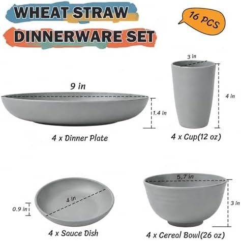 Kids Wheat Straw Dinnerware Sets for 4, 16 Piece Unbreakable Dinnerware Set, Kids Plates and Bowls Sets, Kitchen Plates and Bowls Set, Lightweight Dish Set for Party, Camping，RV - Grey - Image 3