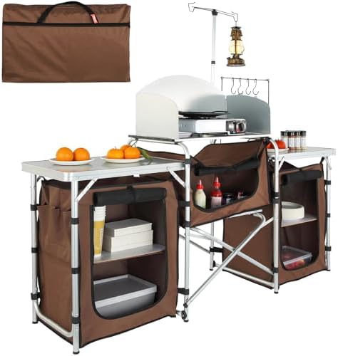 VEVOR Camping Kitchen Table, Folding Outdoor Cooking Table with Storage Carrying Bag, Aluminum Cook Station 3 Cupboard & Detachable Windscreen, Quick Set-up for Picnics, BBQ, RV Traveling, Brown by VEVOR