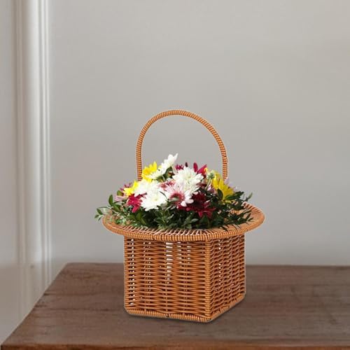 Storage Basket Organizer for Dining Table with Handle Multifunctional Picnic Basket, Brown Round - Image 4