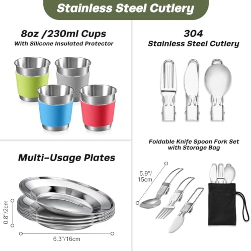 Odoland 29pcs Camping Cookware Mess Kit, Non-Stick Lightweight Pots Pan Kettle, Collapsible Water Container and Bucket, Stainless Steel Cups Plates Forks Knives Spoons for Outdoor Backpacking Picnic - Image 4