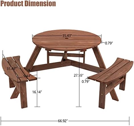 35.43'' Round Outdoor Dining Table Wooden Patio Dining Table & 3 Curved Built-in Bench for 6, 2" Umbrella Hole, Suitable for Backyard Garden Porch, Brown - Image 2