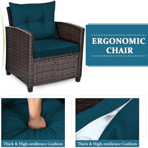 RELAX4LIFE 3 Piece Patio Furniture Set, Wicker Bistro Conversation Set w/2 Cushioned Armchairs & Glass Topped Table, Outdoor Rattan Sofa Set Patio Furniture for Porch Balcony Poolside (Peacock Blue) - Image 4