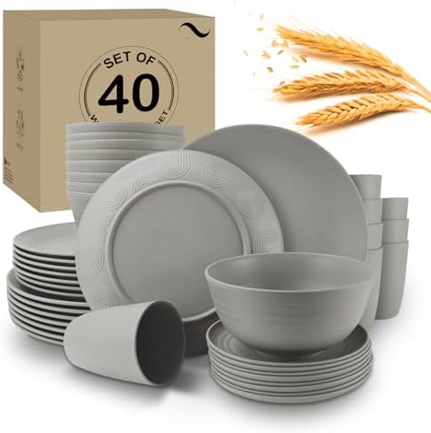 Wrova 40Pack plates and bowls sets for kitchen - Unbreakable wheat straw dinnerware sets service for 8 - Alternative plastic 40pcs dish sets for picnic,camping and R.V. - (Grey) by WROVA