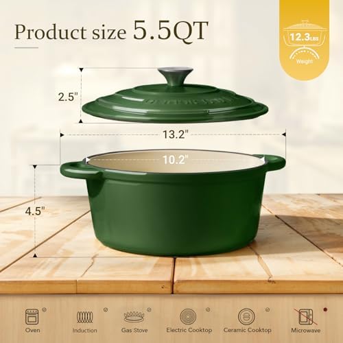 Overmont Enameled Cast Iron Dutch Oven - 5.5QT Pot with Lid Cookbook & Cotton Potholders - Heavy-Duty Cookware for Braising, Stews, Roasting, Sourdough Baking Glossy Green - Image 4