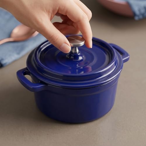 Flavehc Mini Cocotte 16 oz Mini Dutch Oven 0.5 qt. Cast Iron Garlic Roaster for Oven Garlic Confit Pot Ramekins with Lids Oven Safe Set of 2, Blue - Image 2