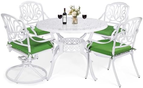 VIVIJASON 5-Piece Outdoor Patio Dining Set, All-Weather Cast Aluminum Conversation Set, Patio White Furniture Set, Include 2 Swivel Dining Chairs, 2 Stationary Chairs, 1 Round Table w/Umbrella Hole by VIVIJASON