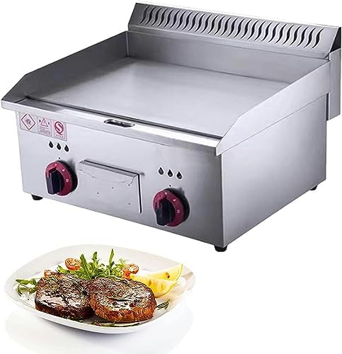 Gas Griddle LPG Commercial Stainless Steel Heavy Duty Restaurant Outdoor Griddle Gas Baking Plate Burger Grill Smooth Double Burners, 2800PA, for BBQ Cooking Steak, Eggs, Pancakes by Unknown