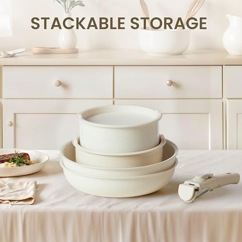 Simple Deluxe 12 Pcs Cookware Set, Non-Stick Pots and Pans Set, with Black Granite Texture and Detachable Handles, Resistant to High Temperatures, Oven Safe, PFAS and PFOA Free, Beige - Image 7