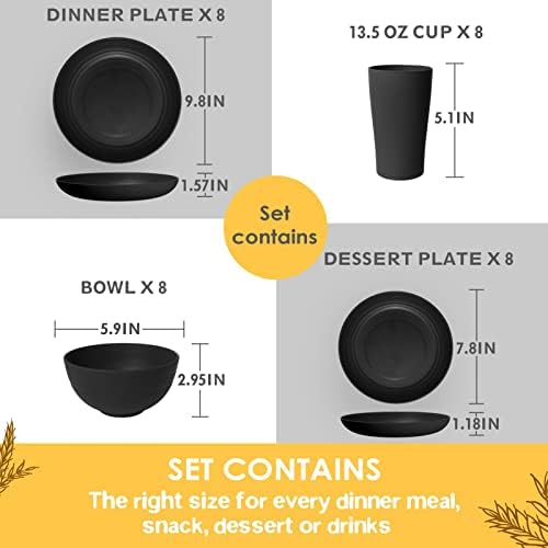 Teivio 32-Piece Plates and Bowls Sets for 8, Deep Black Dinnerware Sets - Image 2