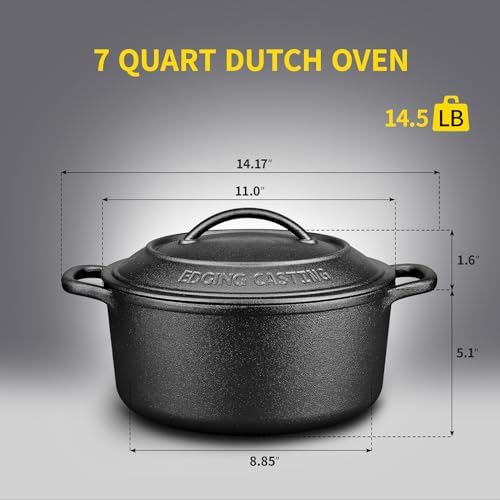 EDGING CASTING Pre-Seasoned Cast Iron Dutch Oven Pot with Lid Dual Handle, Sourdough Bread Baking Pots, Bread Oven, Camping, Grill, Induction, Electric, Round 7 Quart, Black - Image 3