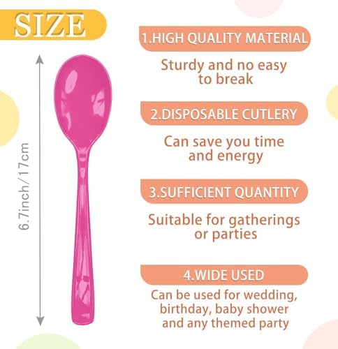SietDESEO 50 PCS Hot Pink Plastic Spoons Disposable Utensils Heavy Duty Hot Pink Spoons Disposable Cutlery for Birthday Wedding Baby Shower Bridal Shower Plastic Silverware - Image 3