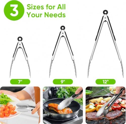 7/9/12 Inch Kitchen Tongs Set, Stainless Steel Cooking Tongs (7"+9"+12") - Image 2
