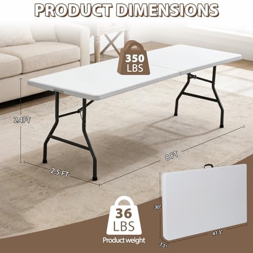 SUPER DEAL 8FT Folding Picnic Table for Indoor Outdoor, Portable Fold-in-Half Plastic Dining Camping Party Table with Carrying Handle - Image 3