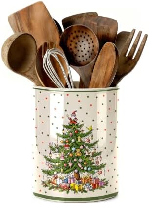 Christmas Tree Green Kitchen Utensil Holder, Xmas Winter Large Ceramic Utensil Holder For Countertop Organizer, 6.3'' Cooking Utensil Crocks Festivel Decor Utensil Storage Cup for Kitchen - Image 2