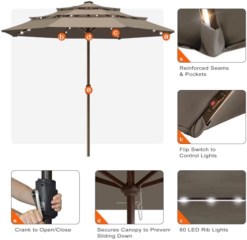 EliteShade USA 10-Year-Non-Fading 10ft 3-Tier Market Patio Umbrella, Commercial Table Umbrella with 80 Solar LED Lights, Crank Open, Windproof & UPF 50+ UV Protection for Garden, Deck, Pool, Backyard, No Tilt, Mushroom - Image 5