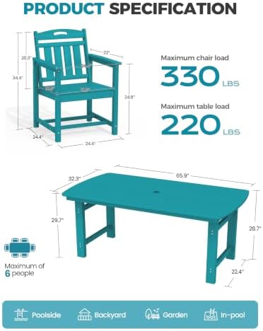 Ciokea HDPE Outdoor Dining Set of 6, Patio Table and Chairs Sets, Lake Blue - Image 2