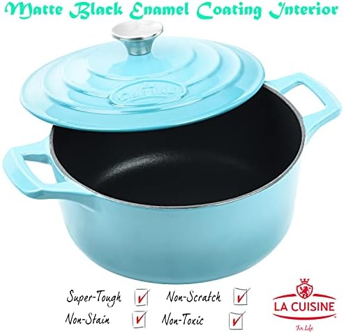 La Cuisine Enameled Cast Iron Dutch Oven Casserole Pot with Lid Internal Matt Black Enamel Coating for baking bread 2.1 QT 7.8" /20cm Ø, GlassTop, Oven-Safe 550°F/276°C Teal - Image 3
