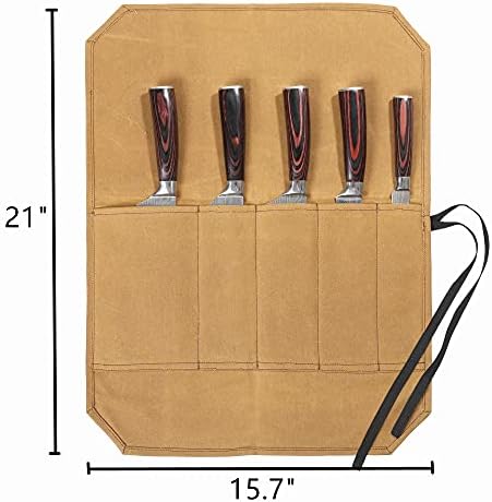 Denifiter Knife Roll, Knife Cases Organizer-Durable Waxed Canvas With Cut Resistant Lining -5 Pockets (Khaki) - Image 4