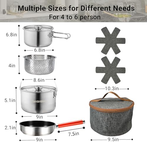 Camping Cookware Set 304 Stainless Steel Cooking Pots Pan Set with Travel Tote Bag for Camping Outdoor Kitchen Cooking Picnic for 4-6 - Image 2