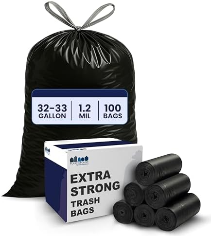Plasticplace 32-33 Gallon Trash Bags │ 1.2 Mil │ Drawstring Garbage Can Liners │ 33” x 39”, Black, 100 Count by Plasticplace