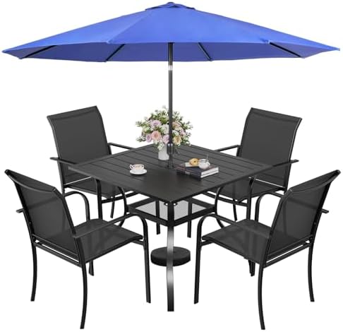 Incbruce 6 Pieces Patio Dining Set with Dark Blue Umbrella, Outdoor Dining Set of 4 Textilene Chairs and Square Table with Umbrella Hole for Backyard, Garden, and Poolside (Black) by Incbruce