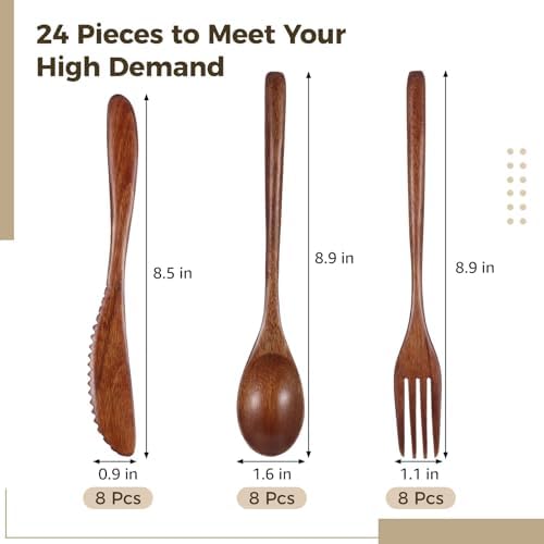 24 Pcs Wooden Utensils for Eating - Wooden Spoon Fork Knife Cutlery Set Reusable Wood Flatware Dinner Tableware Set for Daily Meals, Travel, Camping, Picnic - Image 3