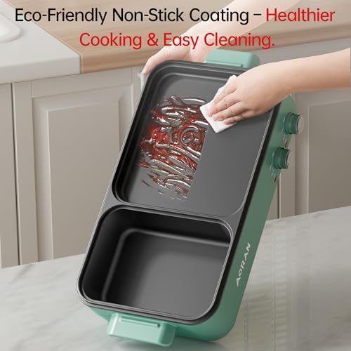 AORAN Electric Hot Pot with Grill, 2-in-1 Indoor Non-Stick Pot for Korean BBQ, Shabu Shabu & Noodles, Dual Temperature Control, Quick Heating with Bonus Accessories Green - Image 5