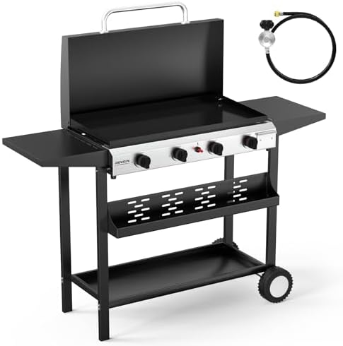 ROVSUN 4 Burner Portable Propane Griddle with Electronic Ignition, 40000 BTU Rolling Flat Top Gas Grill with Enameled Tray & Lid, Side Shelves & Regulator for Outdoor Cooking Camping BBQ Tailgating by ROVSUN