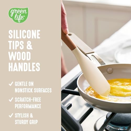 GreenLife 11 Piece Silicone Utensil Crock Set, Nonstick Kitchen Tools, Ladle, Turner, Slotted Turner, Spatula, Spoon, Spaghetti Server, Brush, Whisk, Tongs, Crock, Cream White - Image 2
