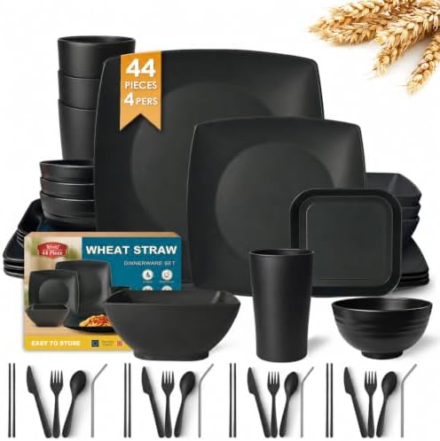 Teivio 44-piece With Flatware Plates and Bowls Sets, Black Dishes Set for 4 by Teivio