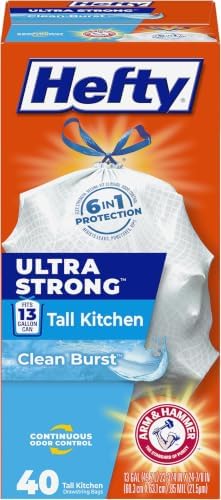 Hefty Ultra Strong 13 Gallon Trash Bags,Tall Kitchen TrashBags 13 Gallon Size,Drawstring Closure,Continuous Odor Control,White,Clean Burst Scent,40-Bags,(Pack of 6) by Hefty